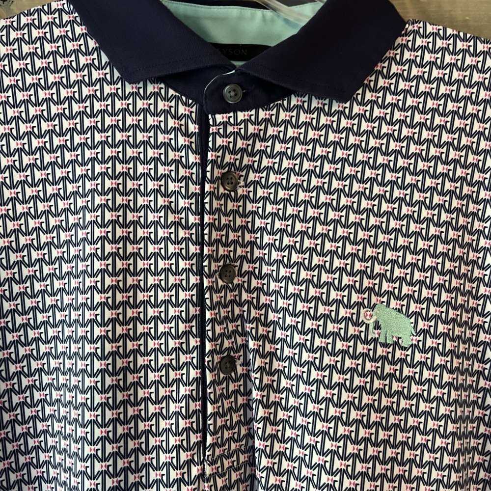 Greyson Performance Polo Men's XL Golf Shirt Navy Pink Geometric All Over Print